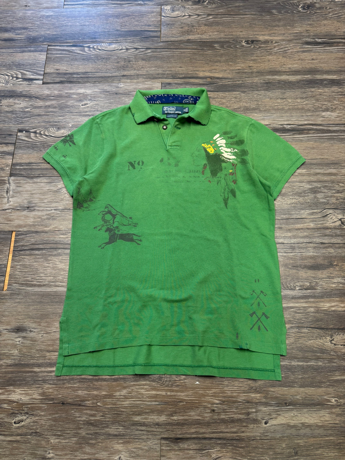 POLO RALPH LAUREN STENCIL NATIVE AMERICAN LUCKY GREEN POLO SHIRT (M)