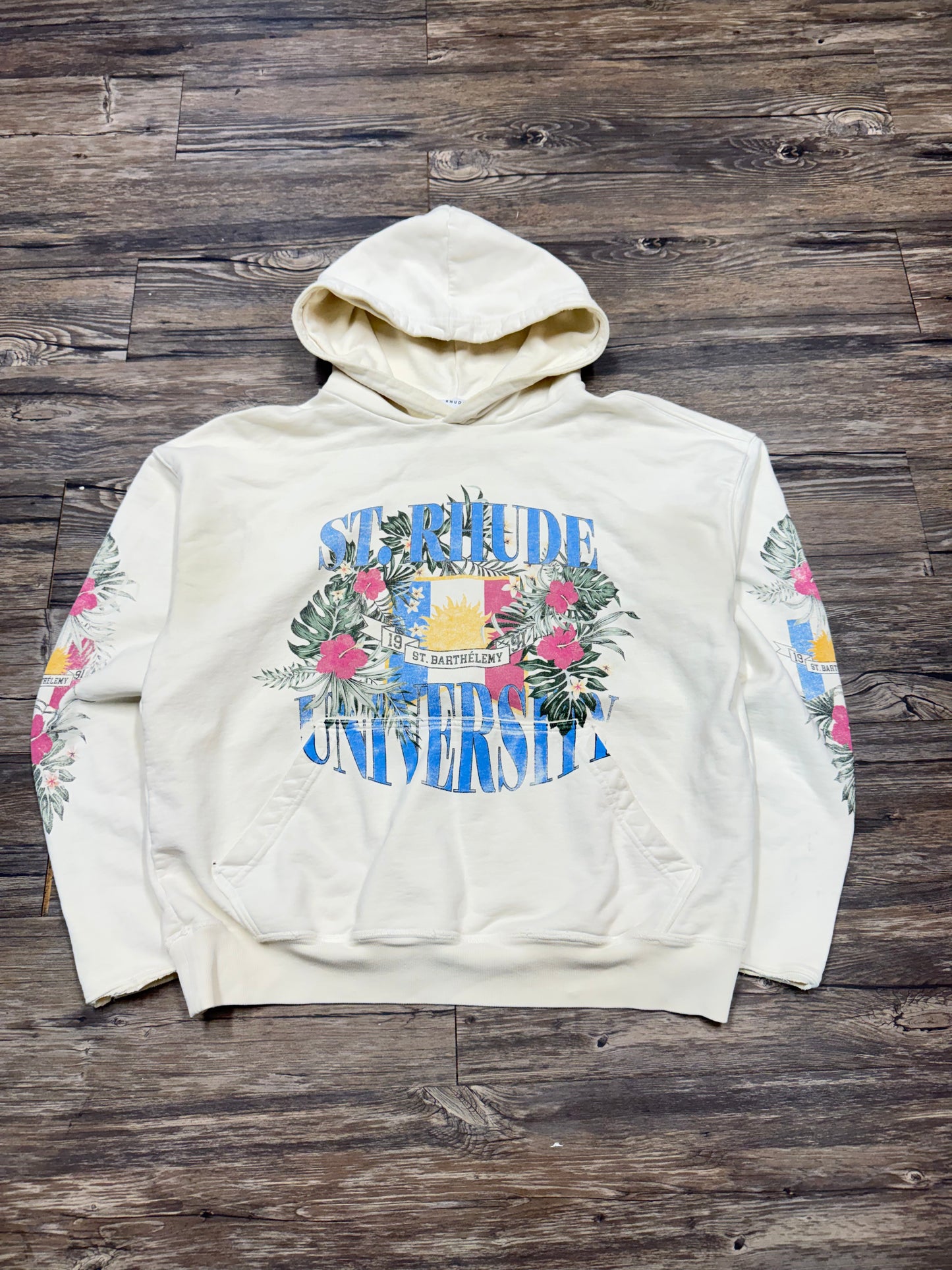 RHUDE VTG SAINT UNIVERSITY CREAM HOODED SWEATSHIRT (XS)