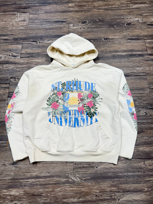 RHUDE VTG SAINT UNIVERSITY CREAM HOODED SWEATSHIRT (XS)