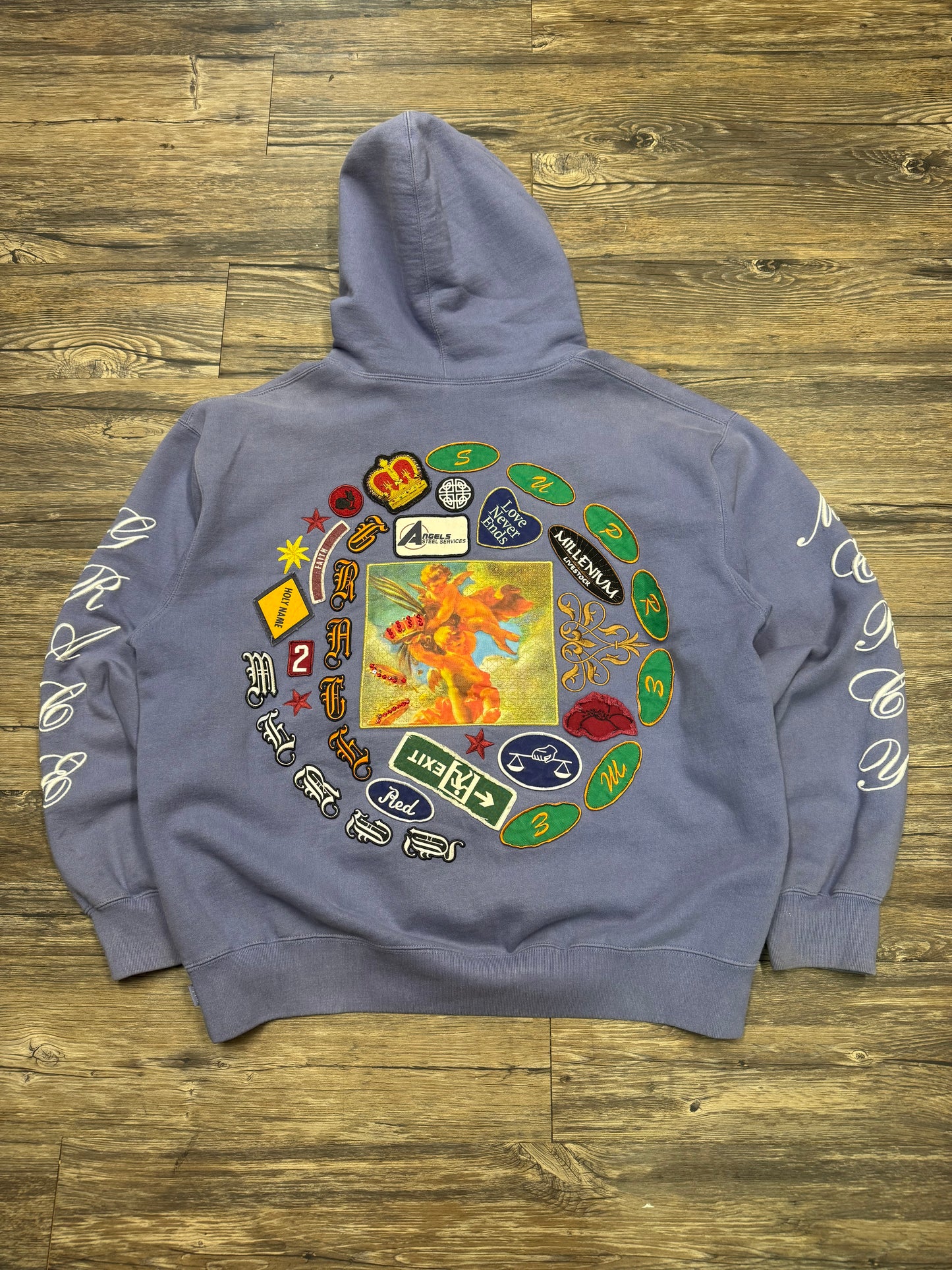 SUPREME SPIRAL PATCHES BLUE HOODIE (L)