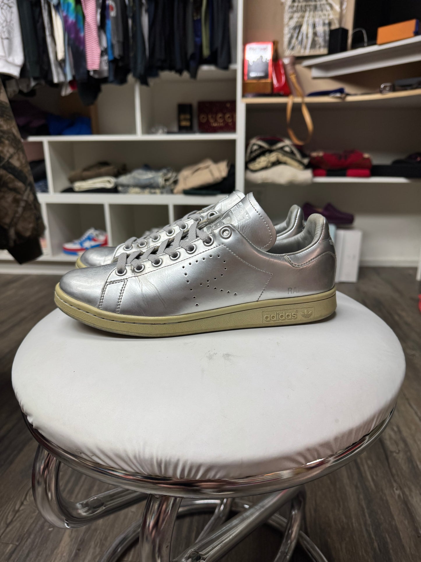 RAF SIMONS X STAN SMITHS METALLIC LOW TOP SNEAKERS (8.5)