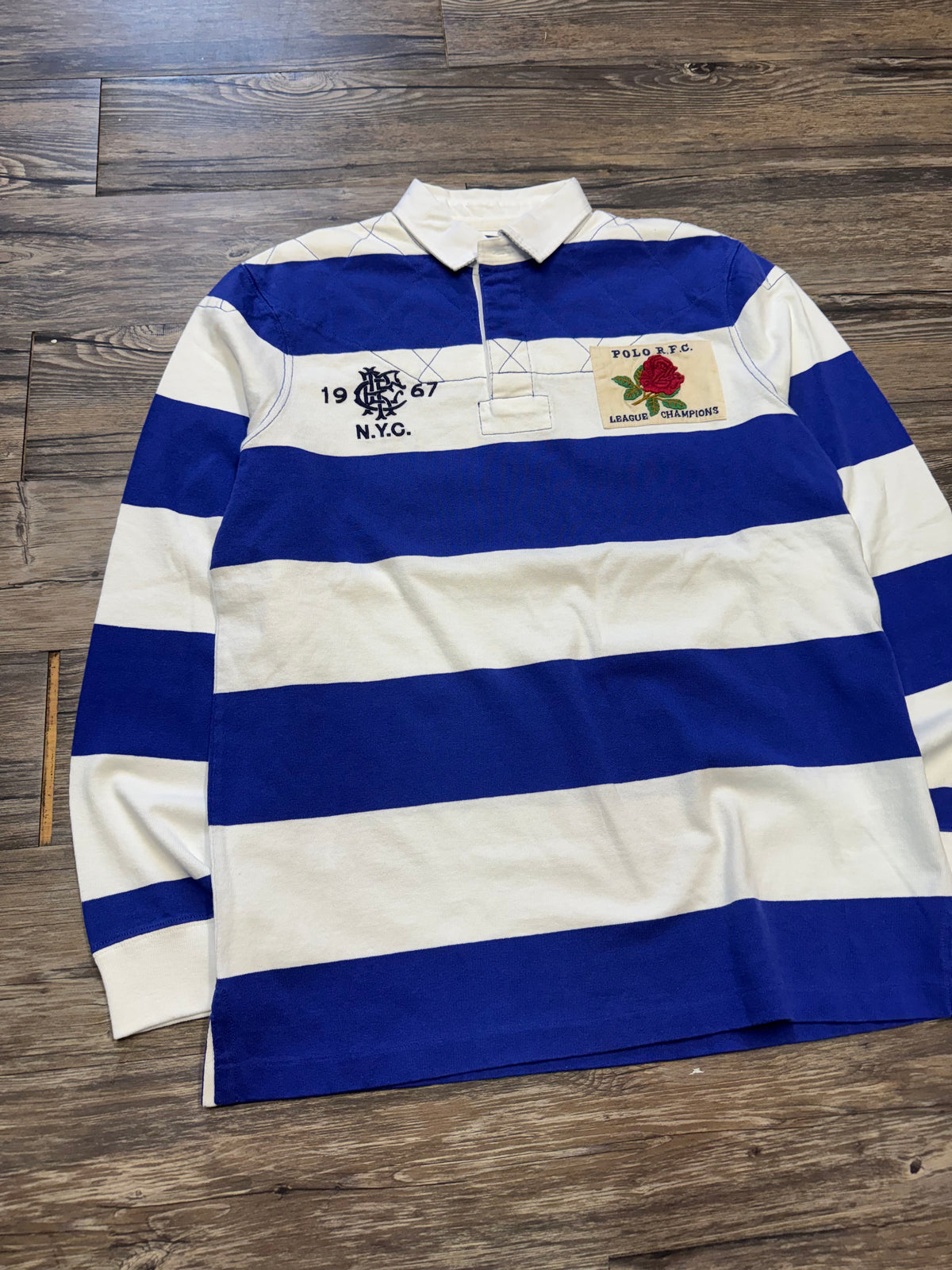 POLO RALPH LAUREN ROSE PATCH STRIPED ROYAL BLUE RUGBY SHIRT (M)