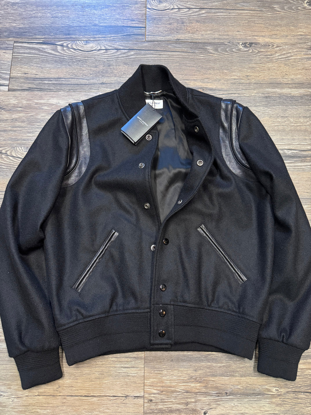 SAINT LAURENT BLACK LEATHER HYBRID TEDDY JACKET (46)
