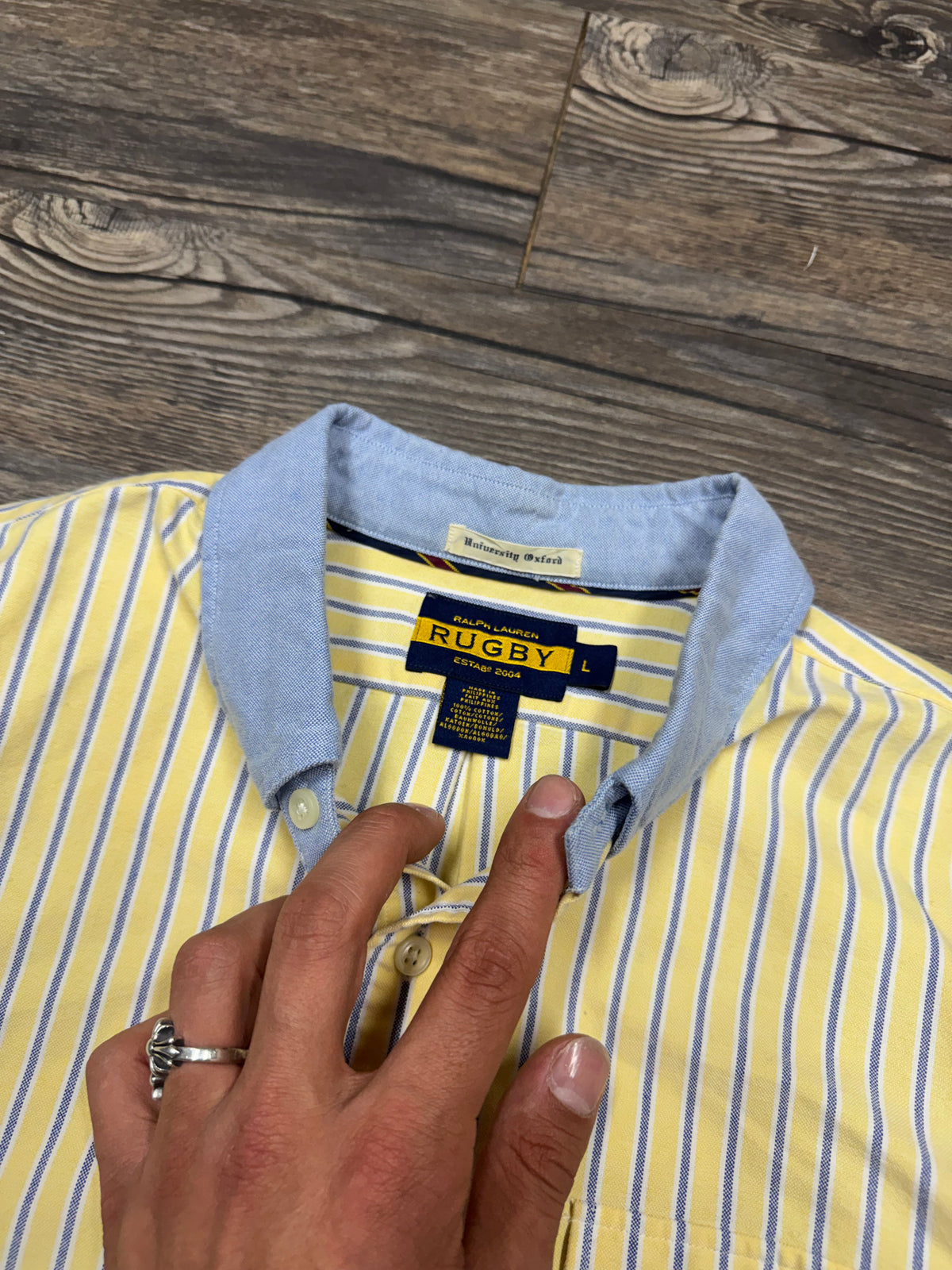 POLO RALPH LAUREN RUGBY PIN STRIPE BUTTON UP SHIRT (L)