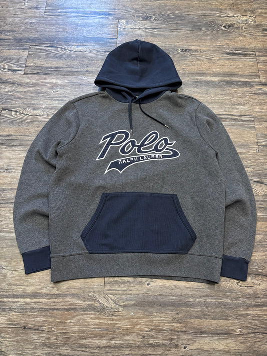 POLO RALPH LAUREN DOUBLE KNIT GREY & NAVY HOODIE (L)