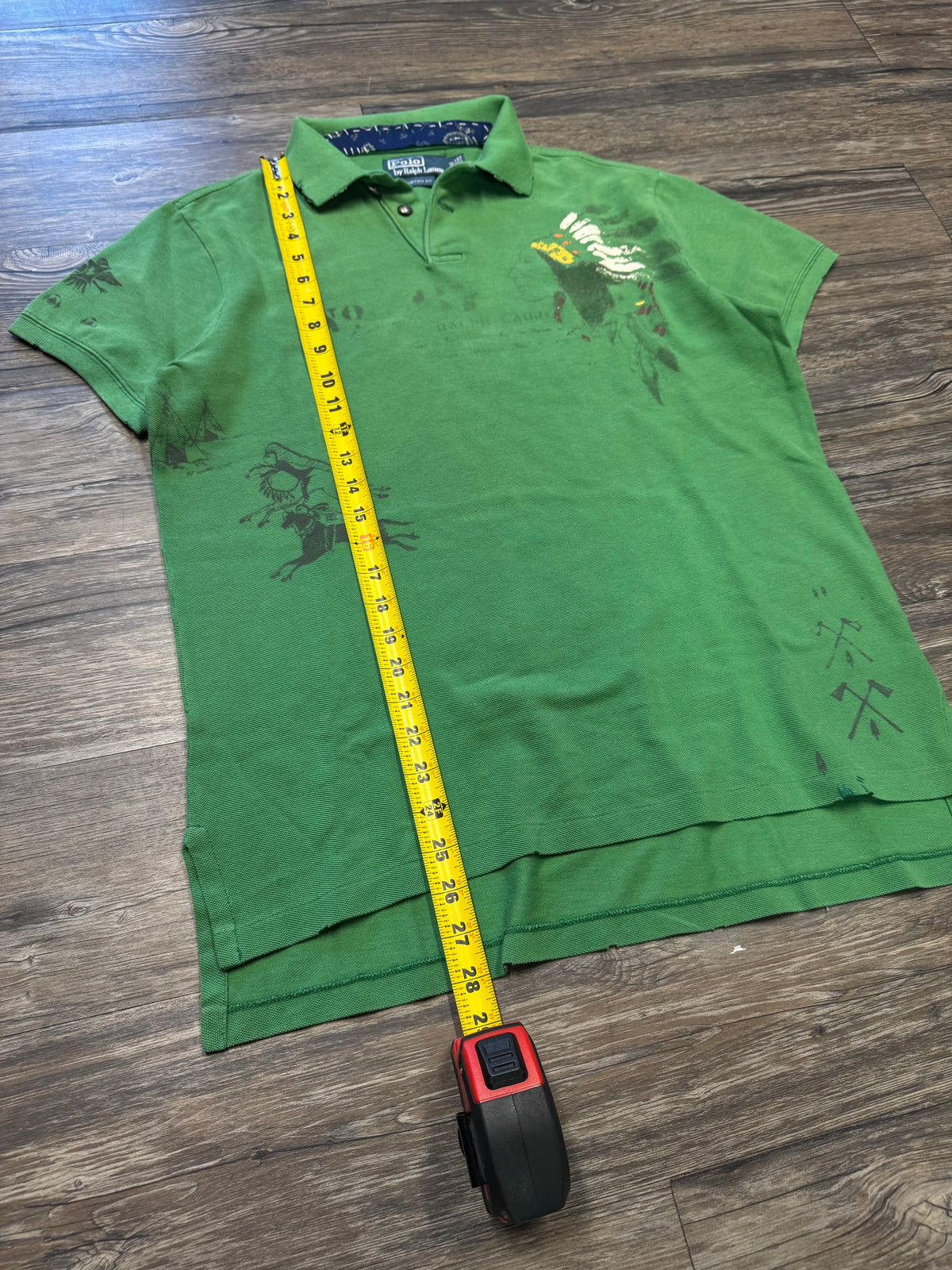 POLO RALPH LAUREN STENCIL NATIVE AMERICAN LUCKY GREEN POLO SHIRT (M)