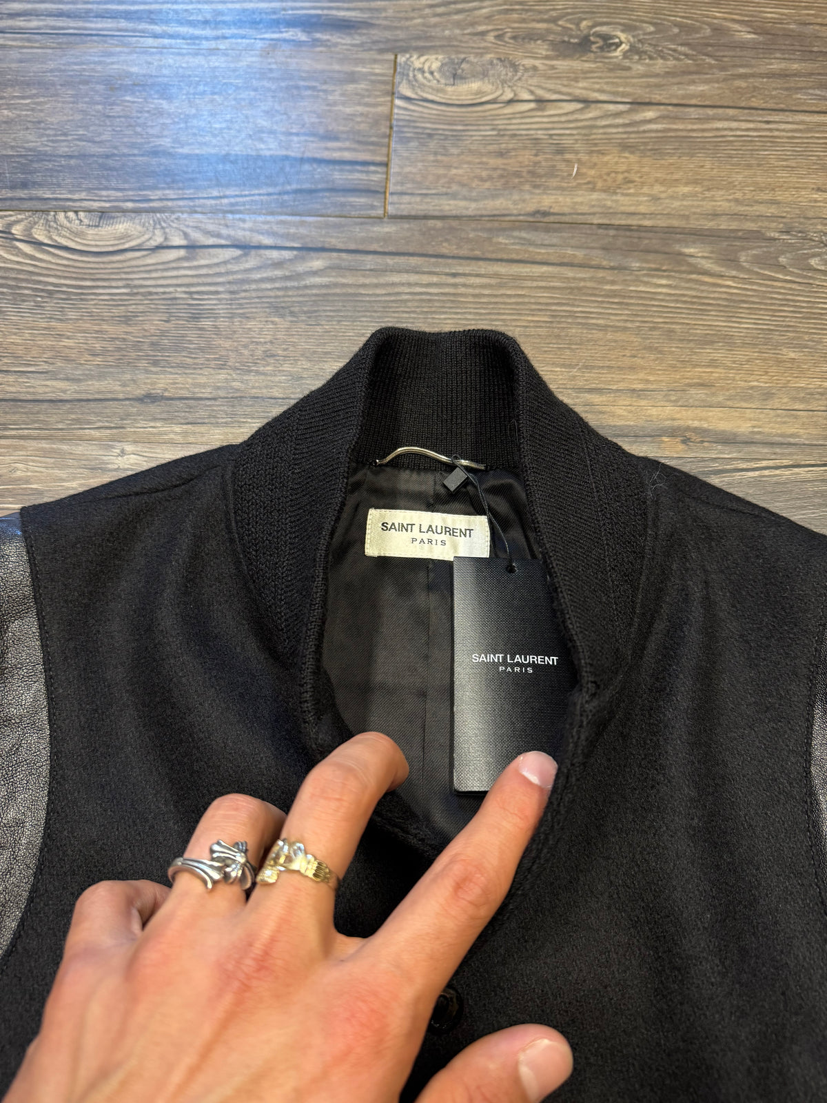 SAINT LAURENT BLACK LEATHER HYBRID TEDDY JACKET (46)