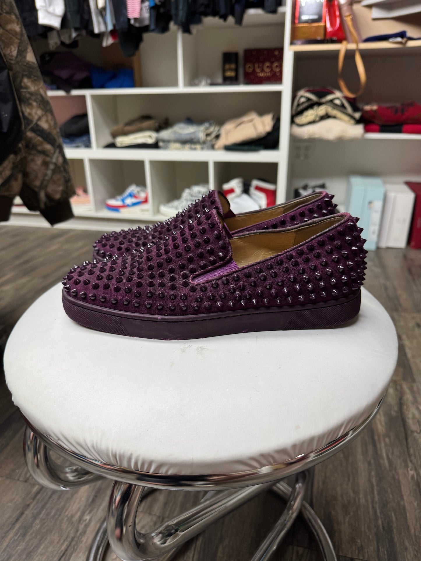 LOU BOUTIN RED BOTTOM ROLLER BOAT ‘MERLOT’ FLAT LOAFERS