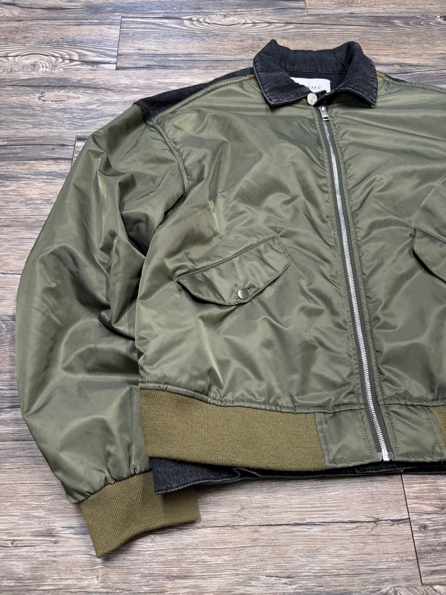 FRAME DOUBLE LAYERED DENIM/NYLON BOMBER JACKET (L)