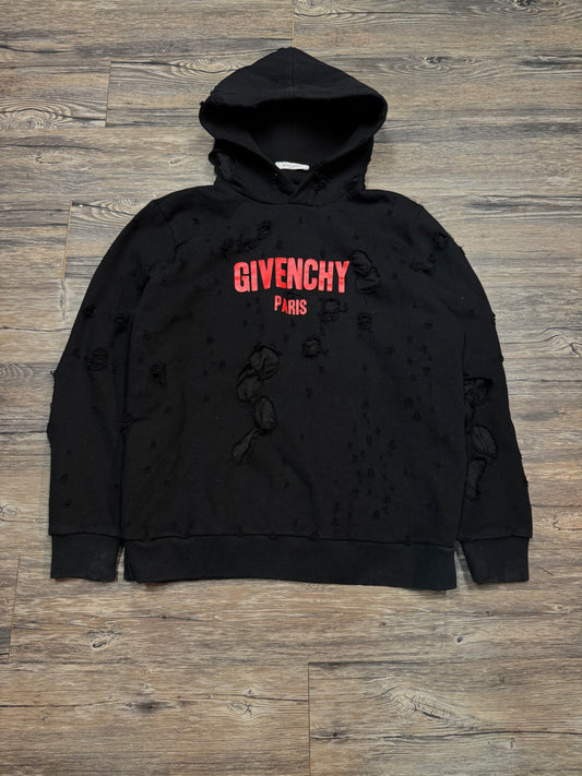 GIVENCHY PARIS RED TEXT DISTRESSED HOODIE (SMALL)