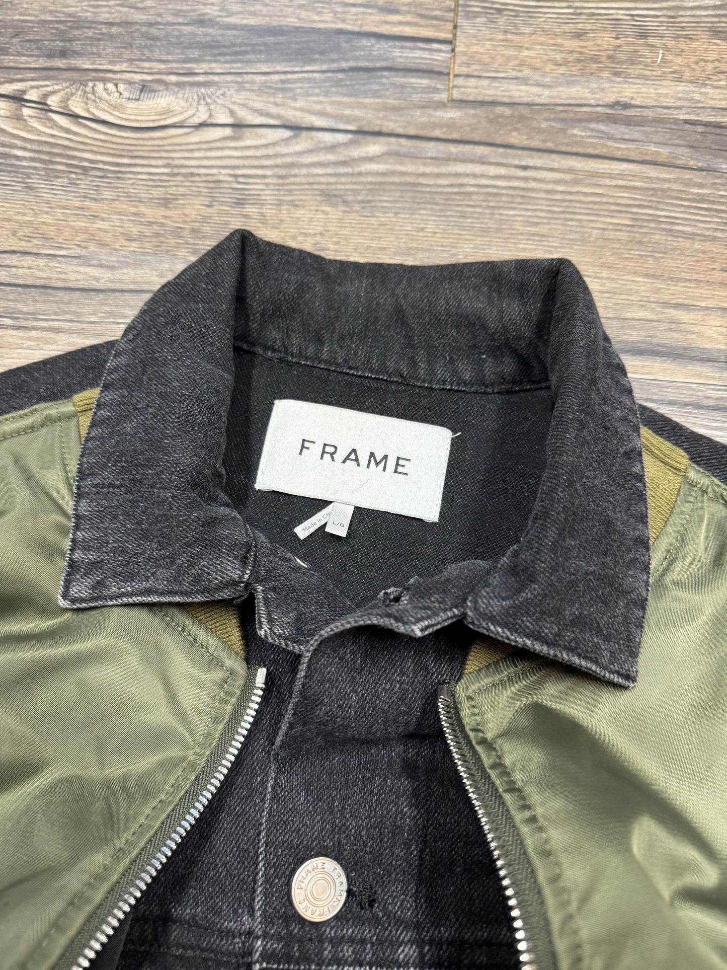 FRAME DOUBLE LAYERED DENIM/NYLON BOMBER JACKET (L)