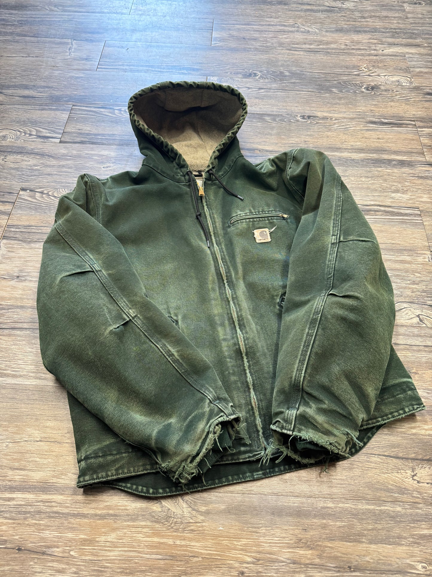 VINTAGE GREEN CARHARTT SHEARLING LINED HOODED JACKET (L)