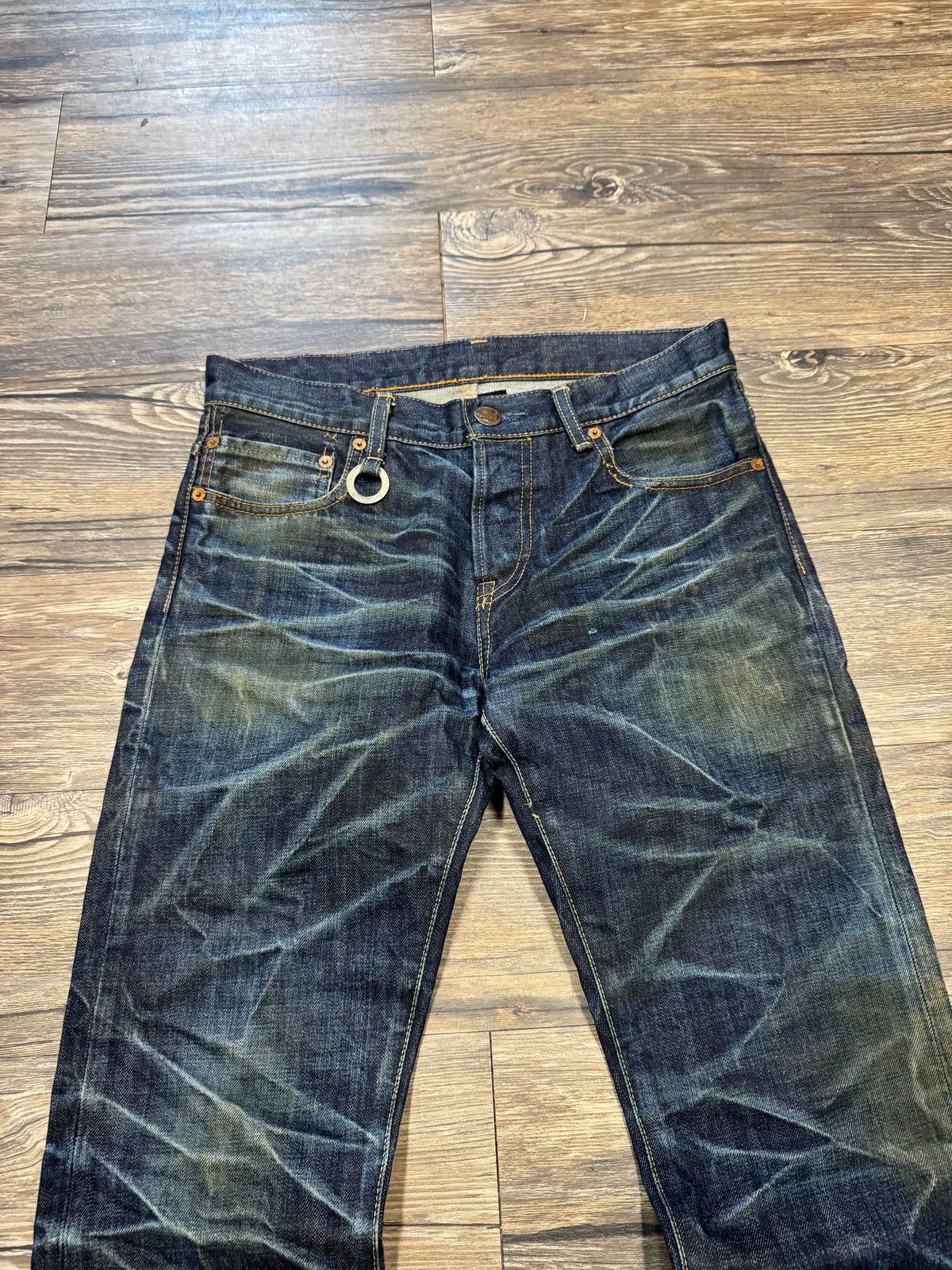BUFFALO BOB SLIM FIT DARK WASHED DISTRESSED SELVEDGE JEANS (29)