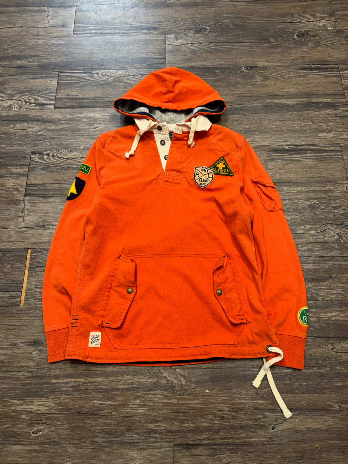 POLO RALPH LAUREN SKIT PATROL HENLEY PATCHWORK HOODED SWEATSHIRT (S)