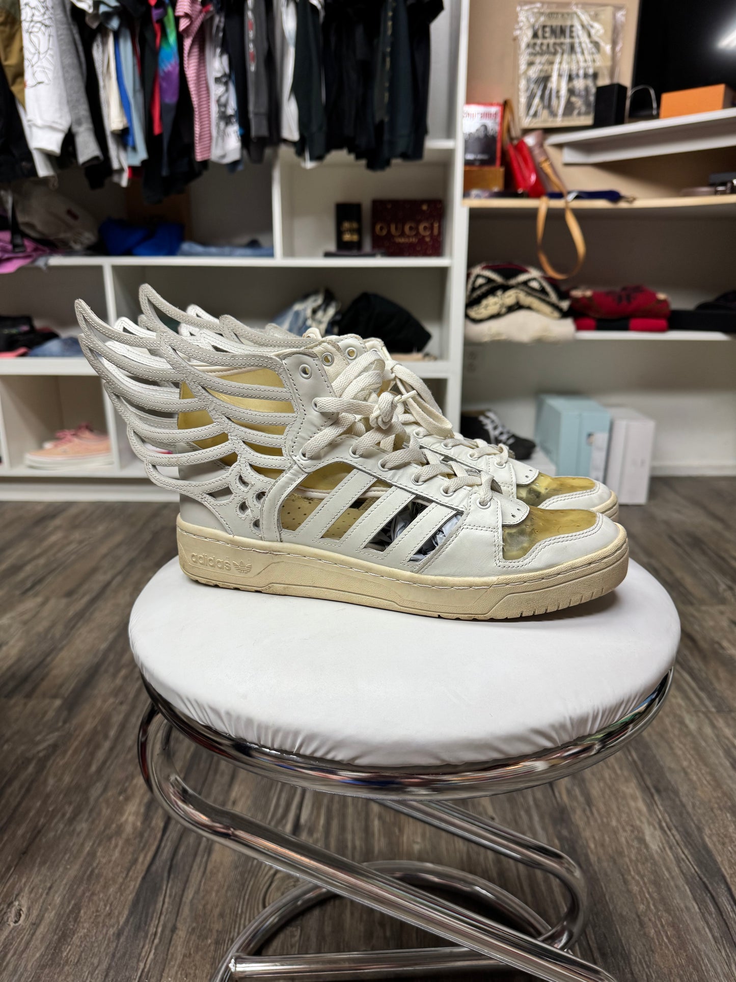 JEREMY SCOTT X ADIDAS CUT OUT HI-TOP SNEAKERS (10.5)