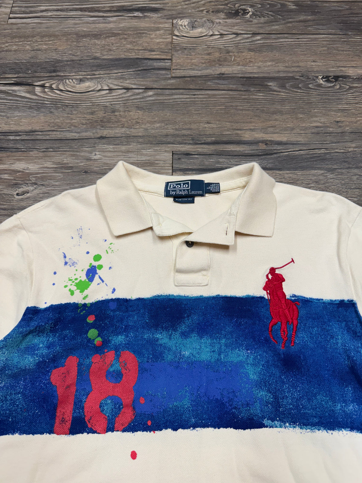 POLO RALPH LAUREN 2012 BIG PONY PAINT SPLATTER GRAPHIC POLO SHIRT (L)