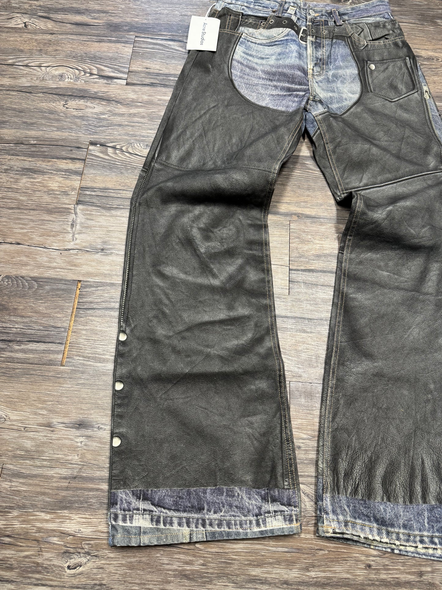 ACNE STUDIOS FAUX LEATHER CHAPS TROMPE L’OEIL JEANS (31)