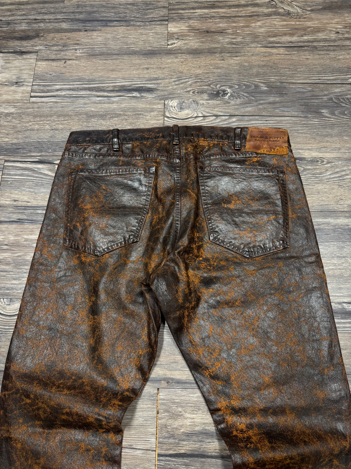 POLO RALPH LAUREN DENIM & SUPPLY WAXED CRACKED BROWN LEATHER PANTS (36)