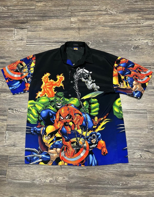 Y2K MARVEL ALL OVER PRINT GRAPHIC SHIRT (LARGE)