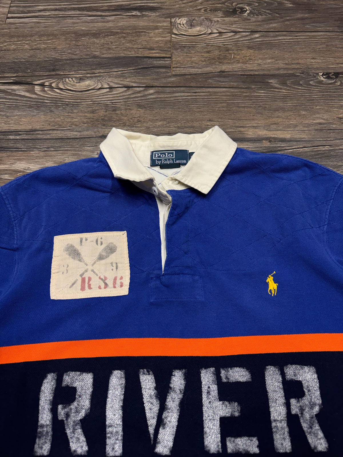 POLO RALPH LAUREN SMALL PONY RIVER RAFTING STRIPED ROYAL BLUE POLO SHIRT (XL)