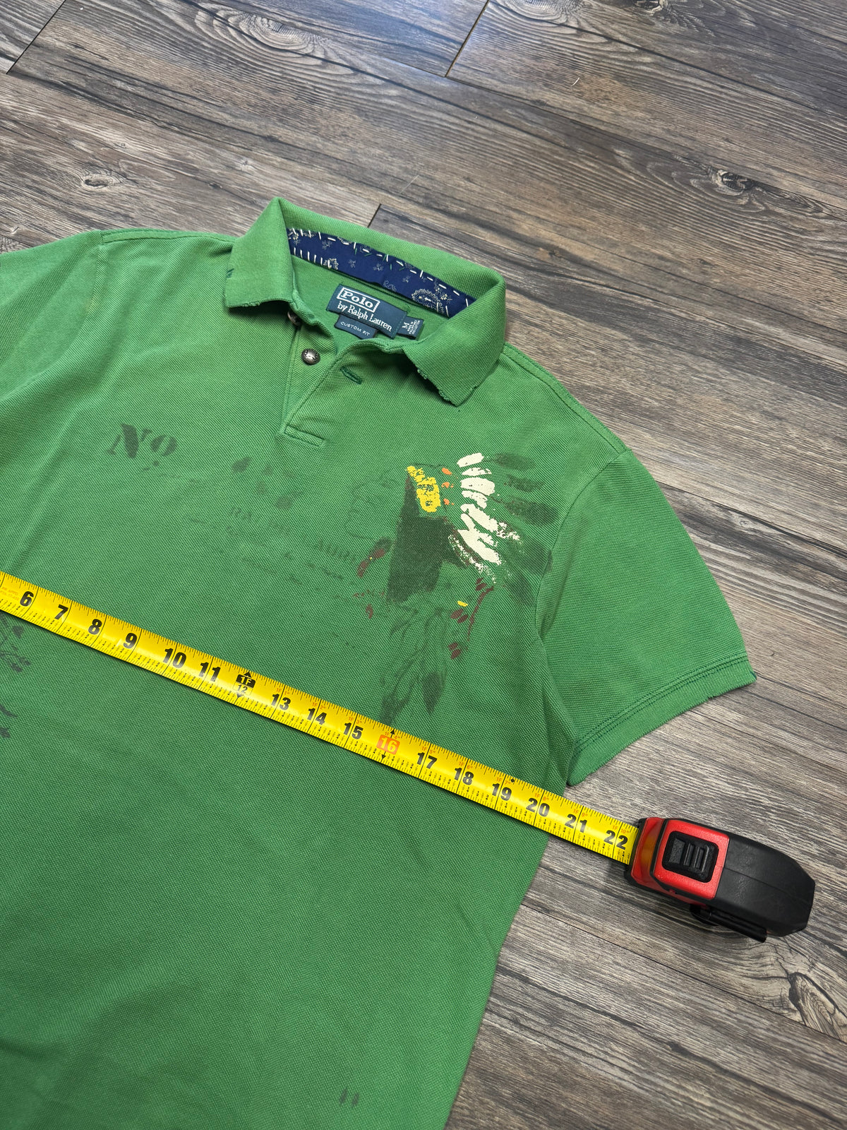 POLO RALPH LAUREN STENCIL NATIVE AMERICAN LUCKY GREEN POLO SHIRT (M)