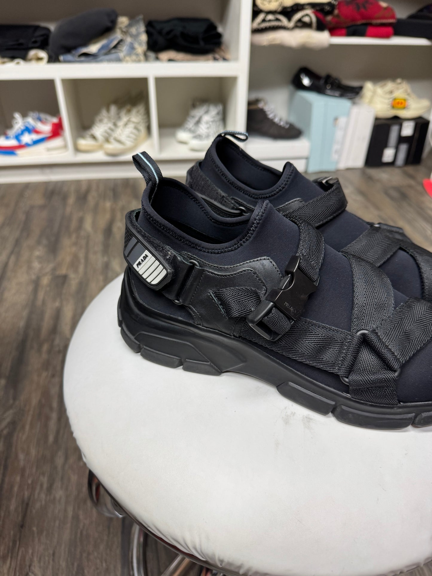 PRADA NEOPRENE BUCKLED WEDGE SNEAKERS (9.5)