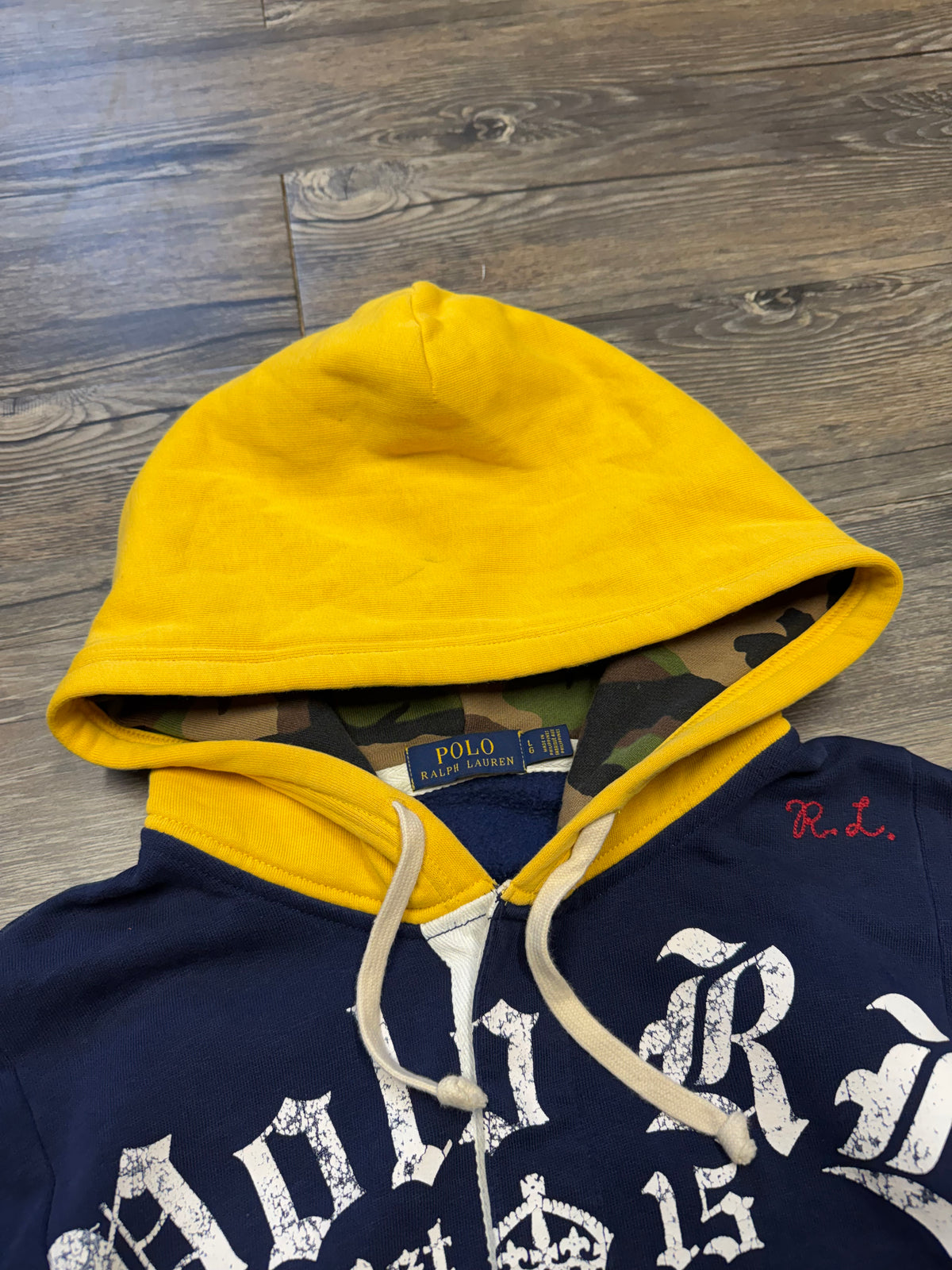 POLO RALPH LAUREN PATCHWORK SKULL RUGBY CAMO HOODIE (L)
