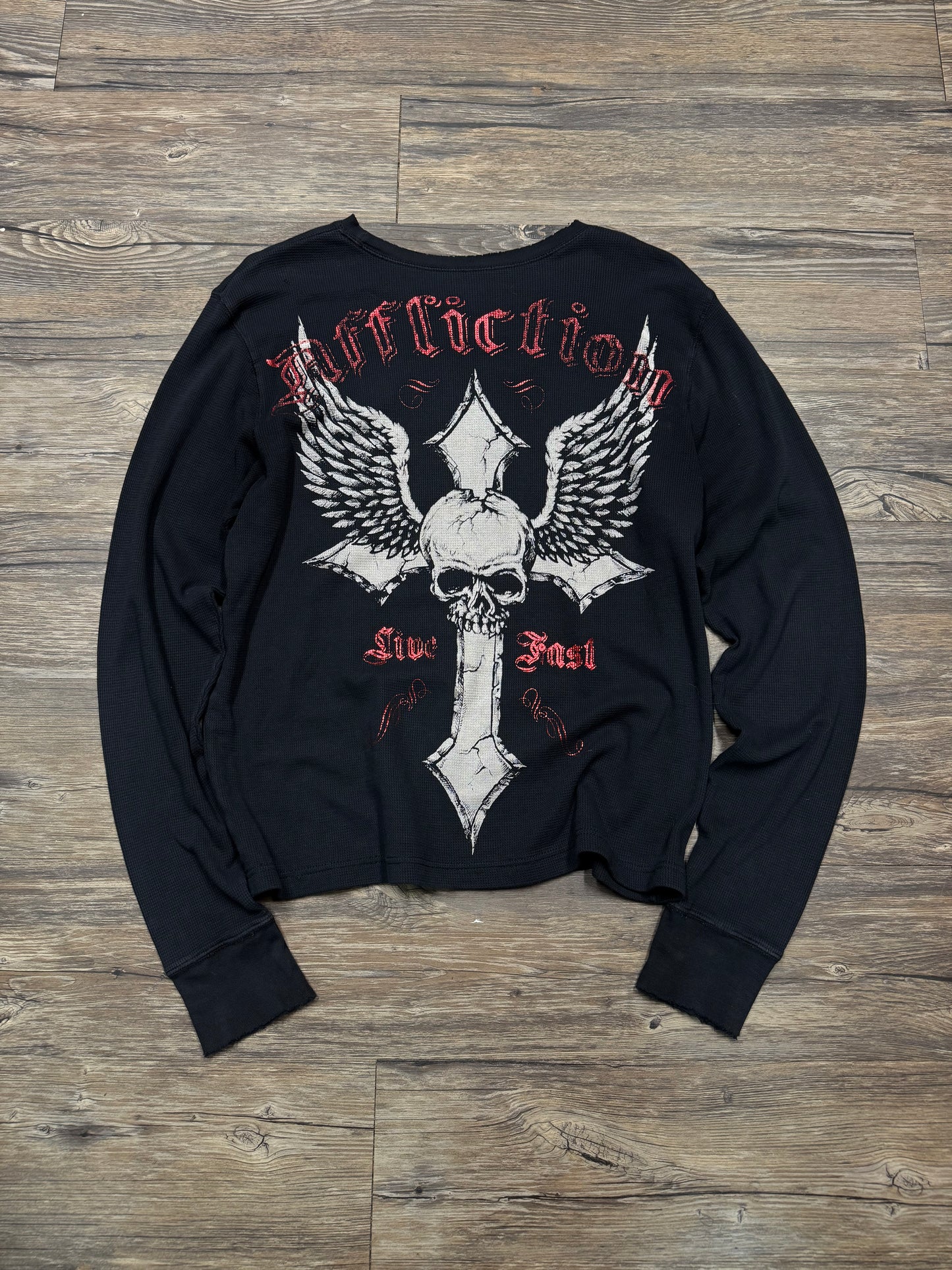 AFFLICTION CROSS SKULL WING WAFFLE LONGSLEEVE (L)
