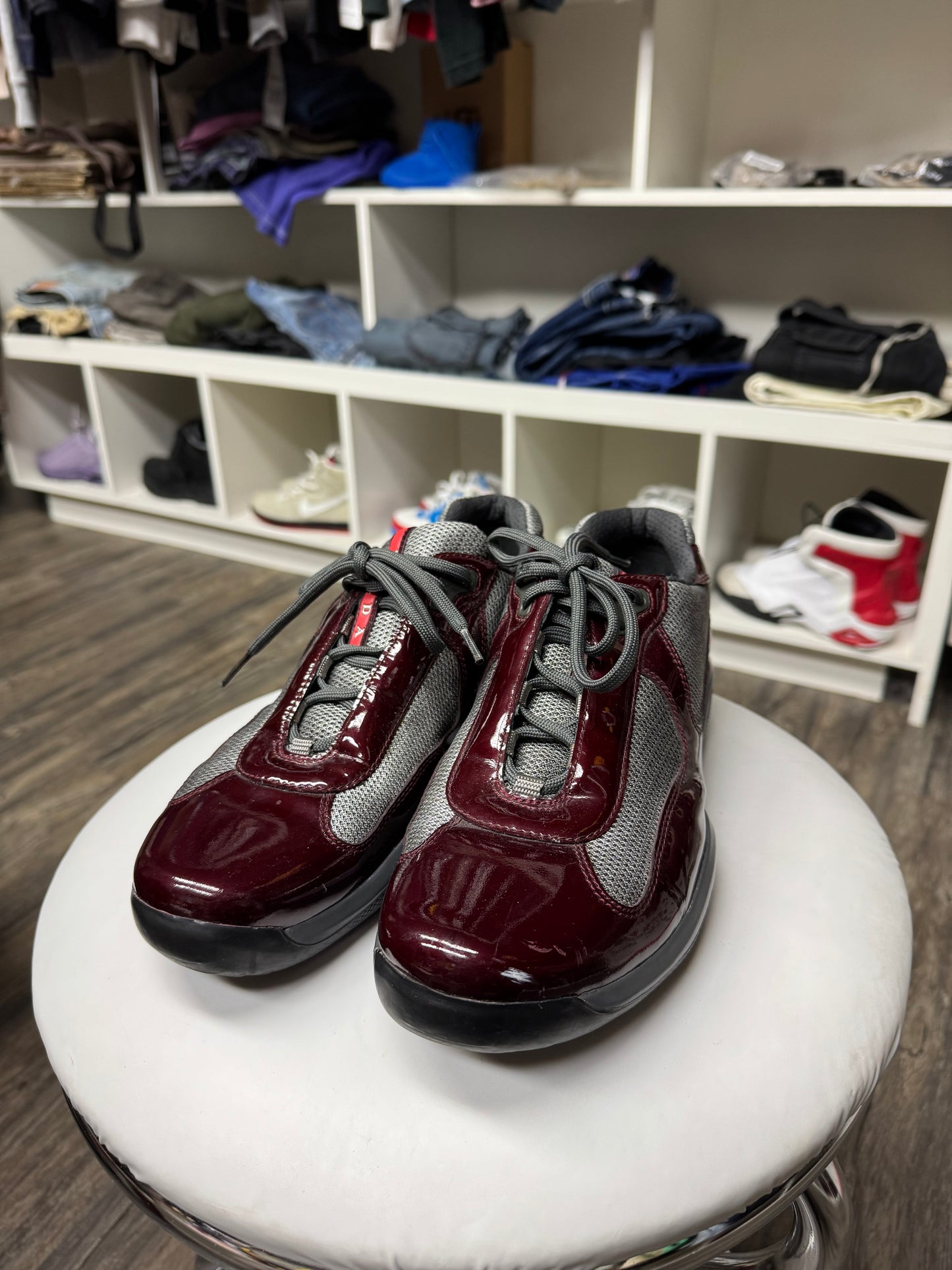 PRADA WINE RED PATENT LEATHER CUPS (10.5)