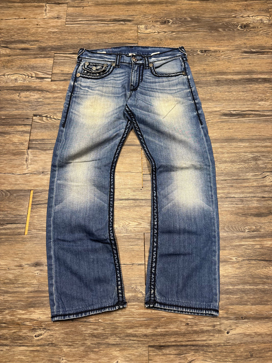 TRUE RELIGION DARK BLUE SUPER-T STITCH RELAXED STRAIGHT LEG JEANS (31)