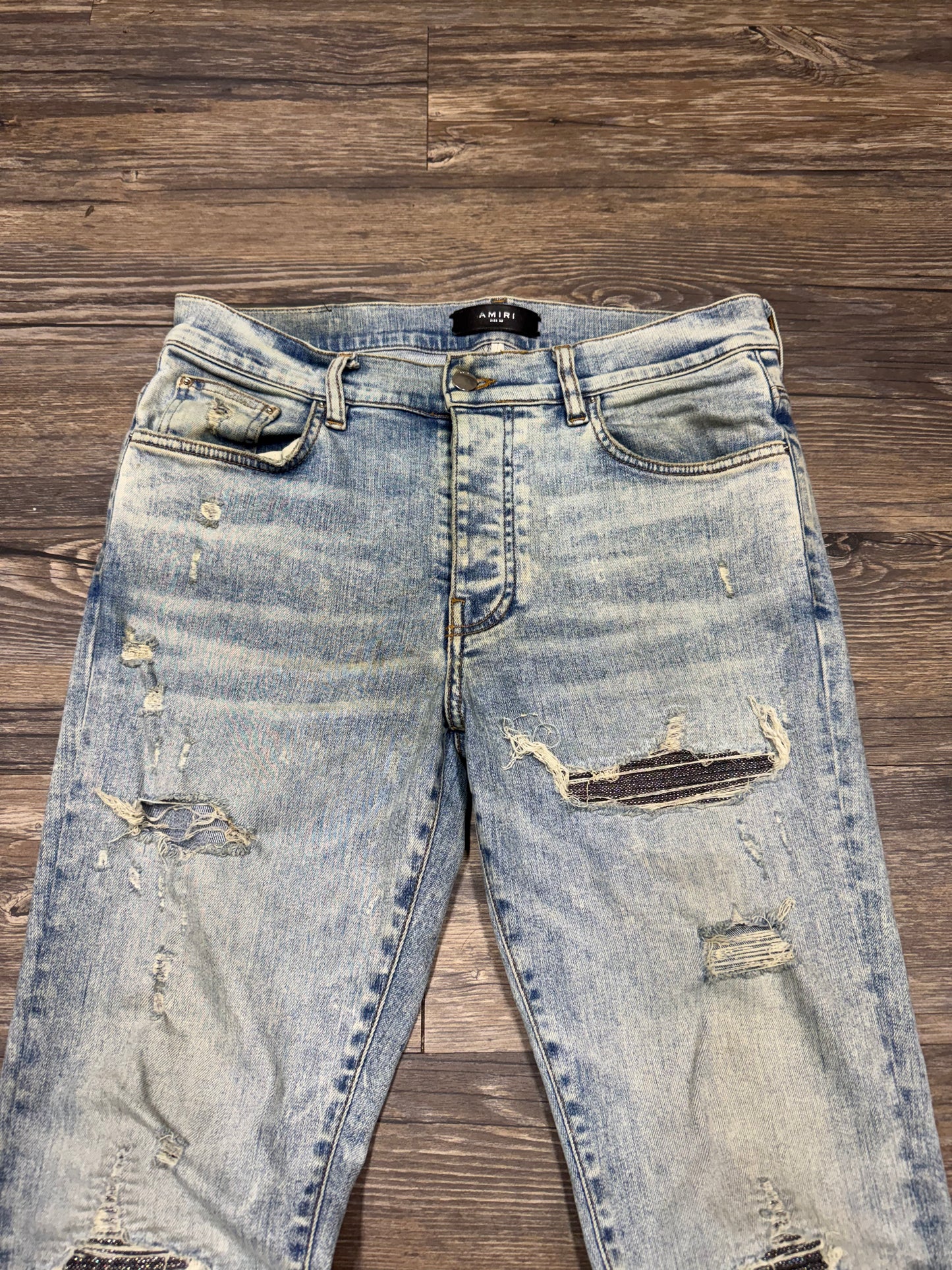 MIKE AMIRI MX1 DISTRESSED GLITTER PATCH SKINNY JEANS (33)