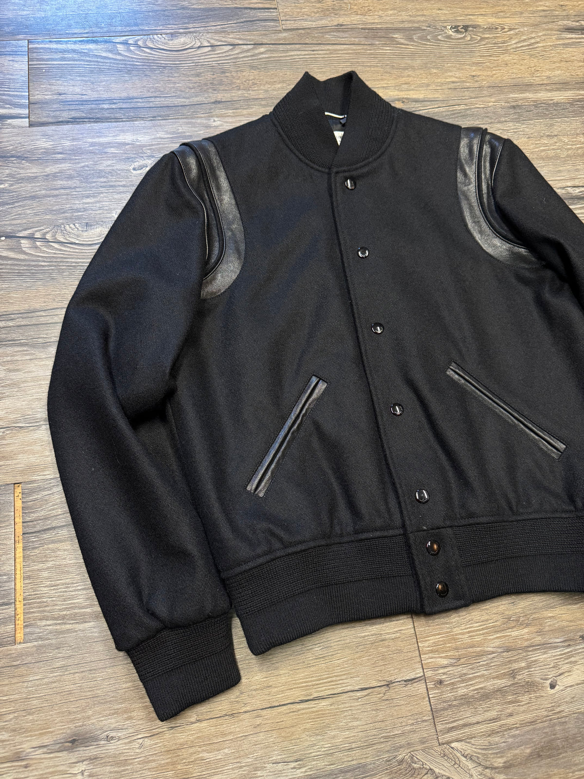 SAINT LAURENT BLACK LEATHER HYBRID TEDDY JACKET (46)