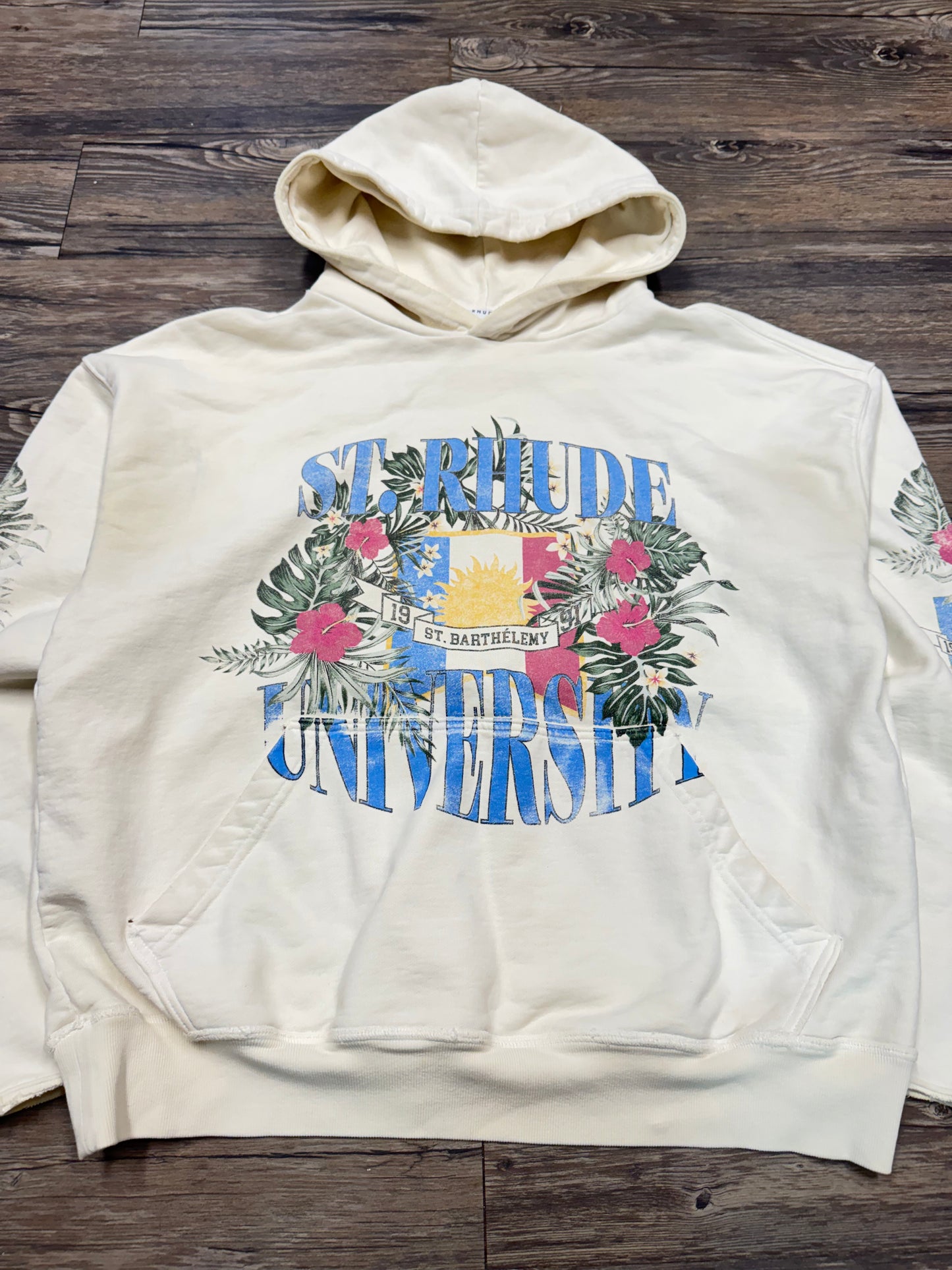 RHUDE VTG SAINT UNIVERSITY CREAM HOODED SWEATSHIRT (XS)