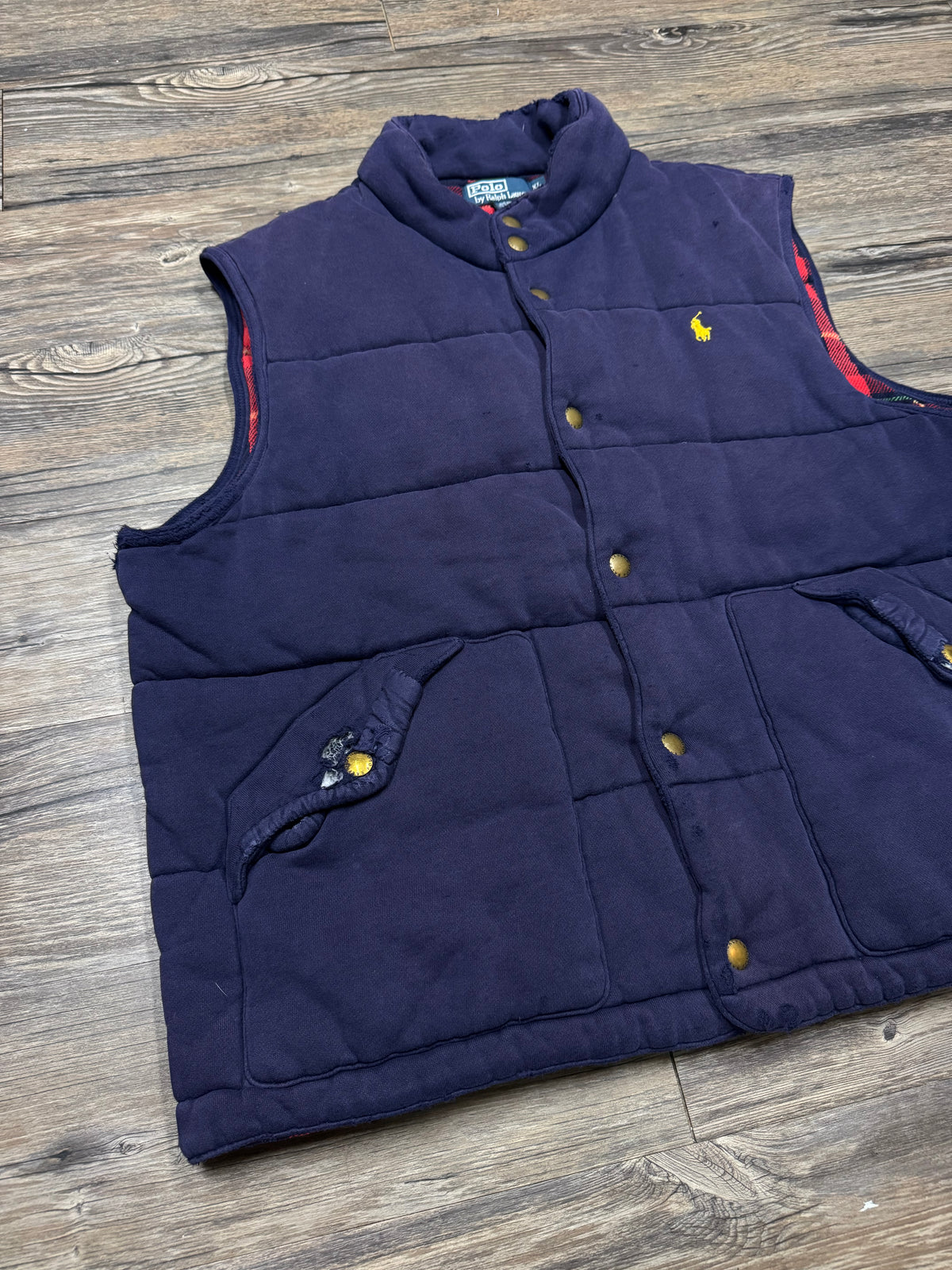 POLO RALPH LAUREN PLAID LINED FADED & DISTRESSED PUFFER VEST (XL)