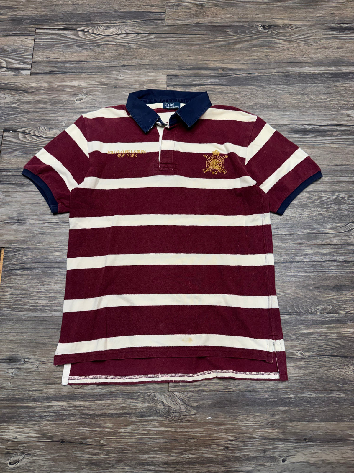 POLO RALPH LAUREN STRIPED MAROON NEW YORK POLO SHIRT (S)