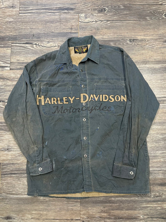 VINTAGE HARLEY DAVIDSON DISTRESSED BUTTON UP SHIRT (SMALL)