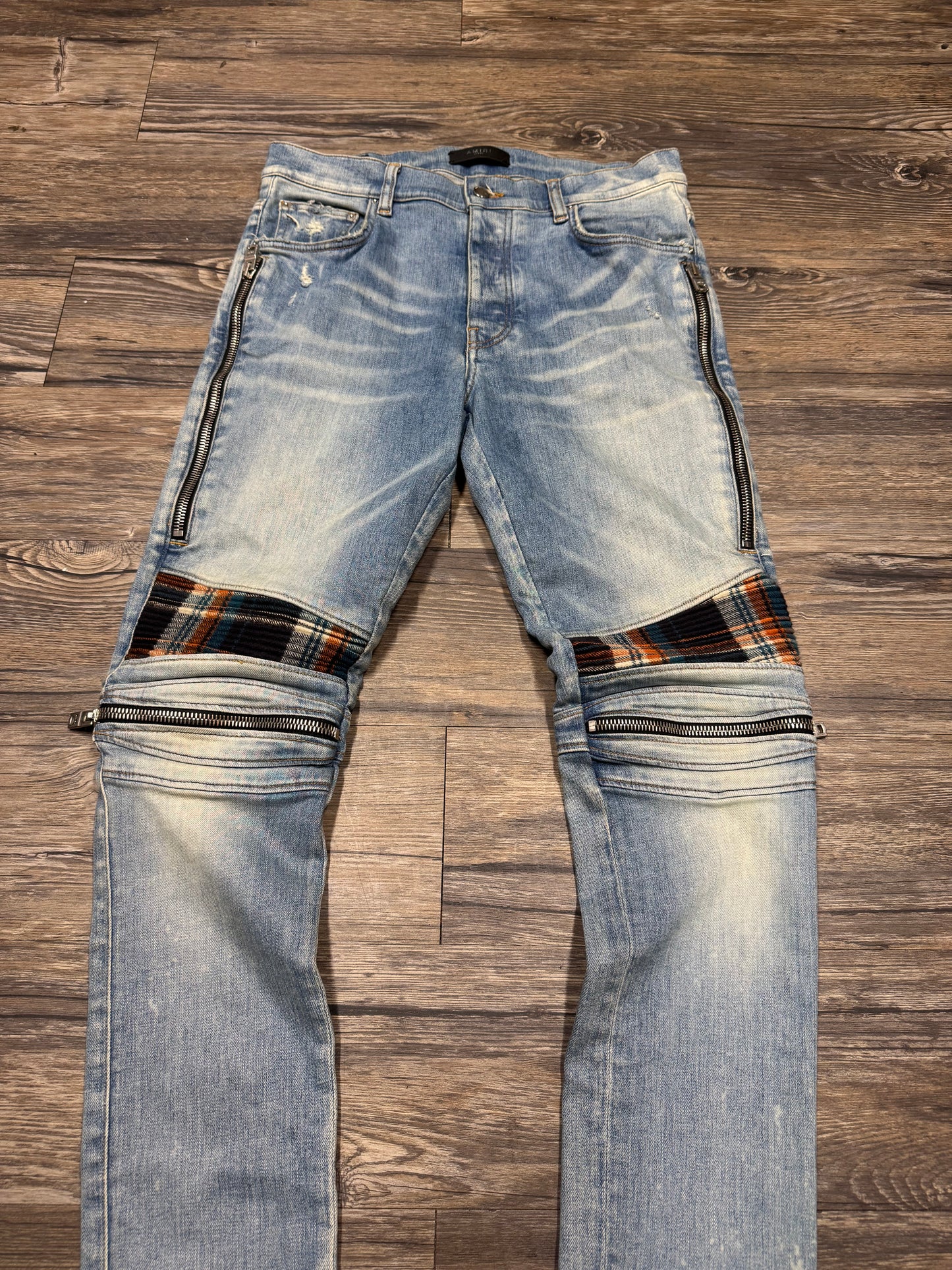 AMIRI MX2 INDIGO/ORANGE FLANNEL ZIPPER SKINNY JEANS (32)