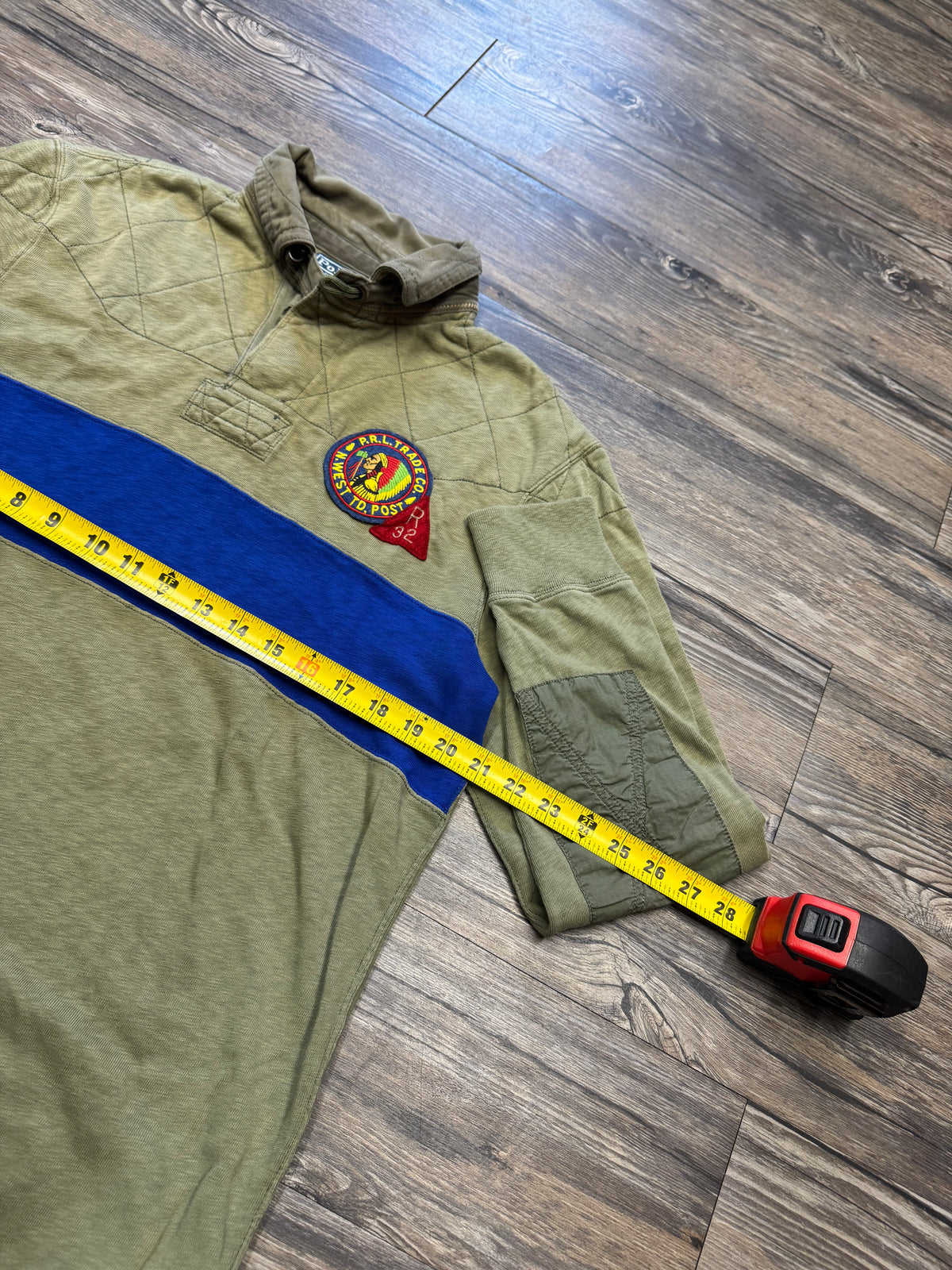 POLO RALPH LAUREN NATIVE AMERICAN PATCH OLIVE RUGBY SHIRT (L)
