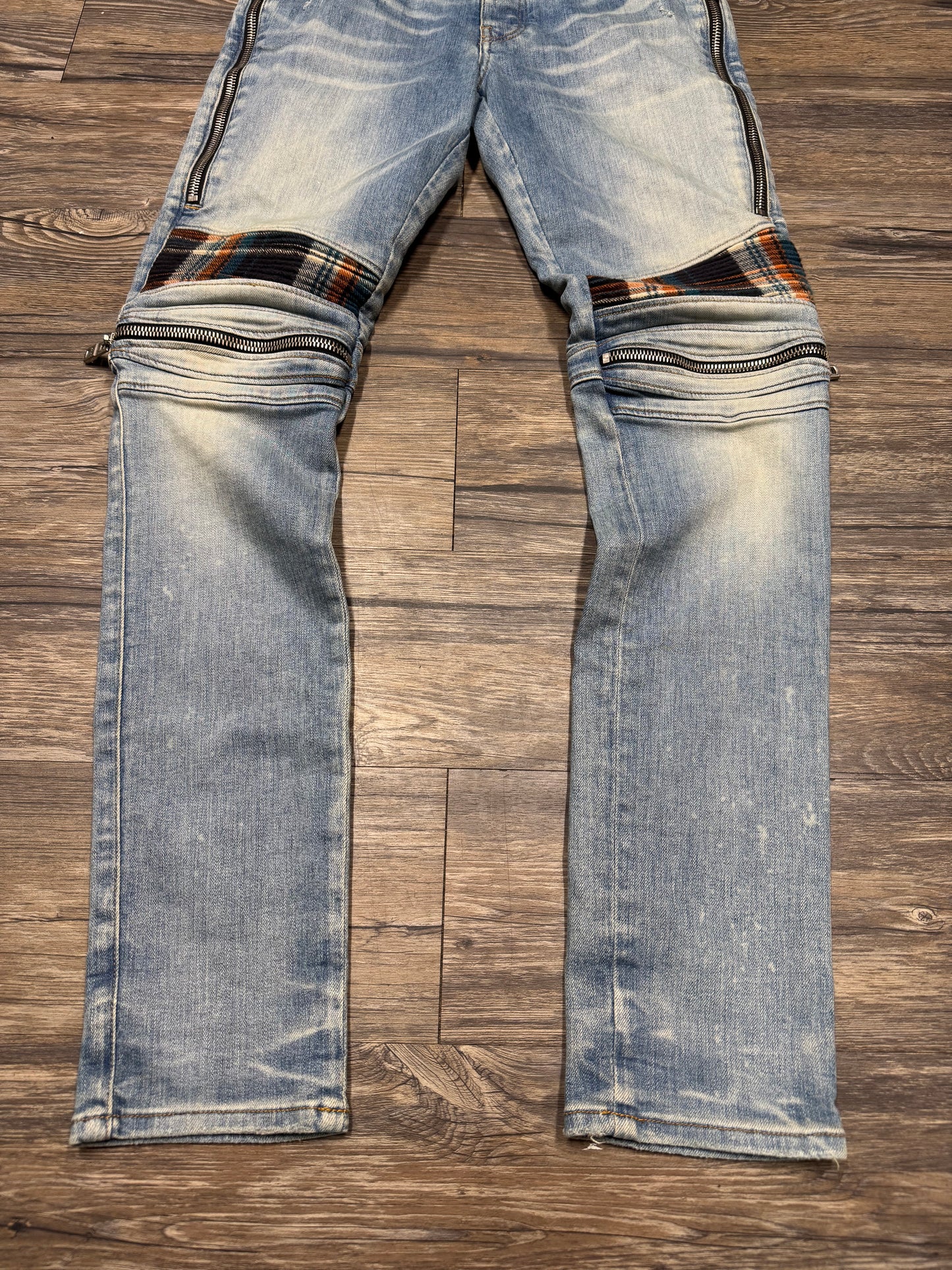 AMIRI MX2 INDIGO/ORANGE FLANNEL ZIPPER SKINNY JEANS (32)