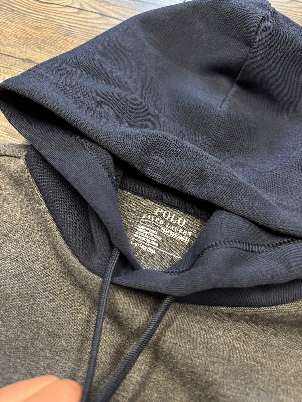 POLO RALPH LAUREN DOUBLE KNIT GREY & NAVY HOODIE (L)