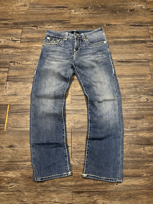 TRUE RELIGION LIGHTWASH RELAXED STRAIGHT LEG WHITE STITCH JEANS (30)