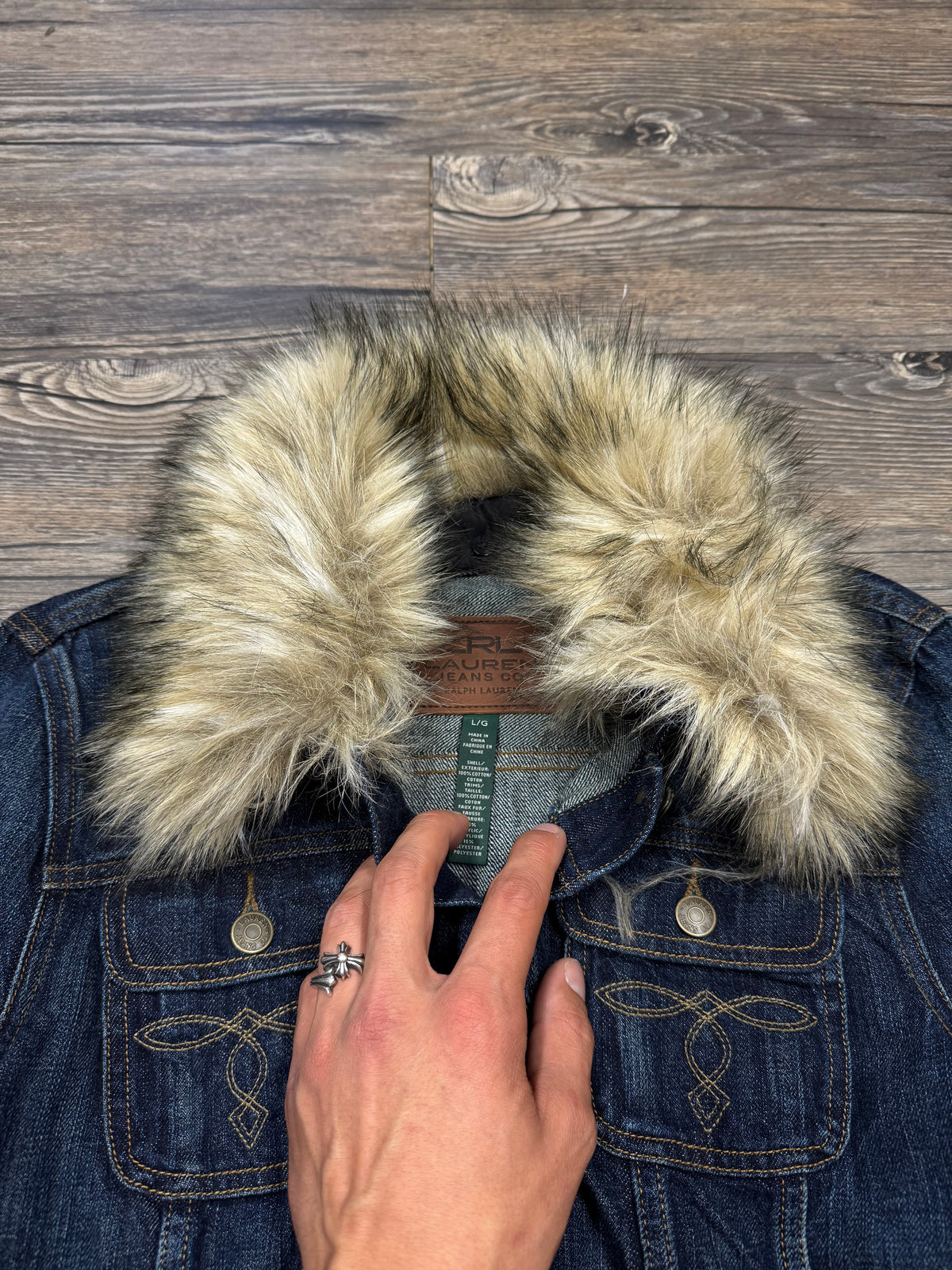 LAUREN RALPH LAUREN WMNS DARKWASH FAUX FUR DENIM JACKET (L)