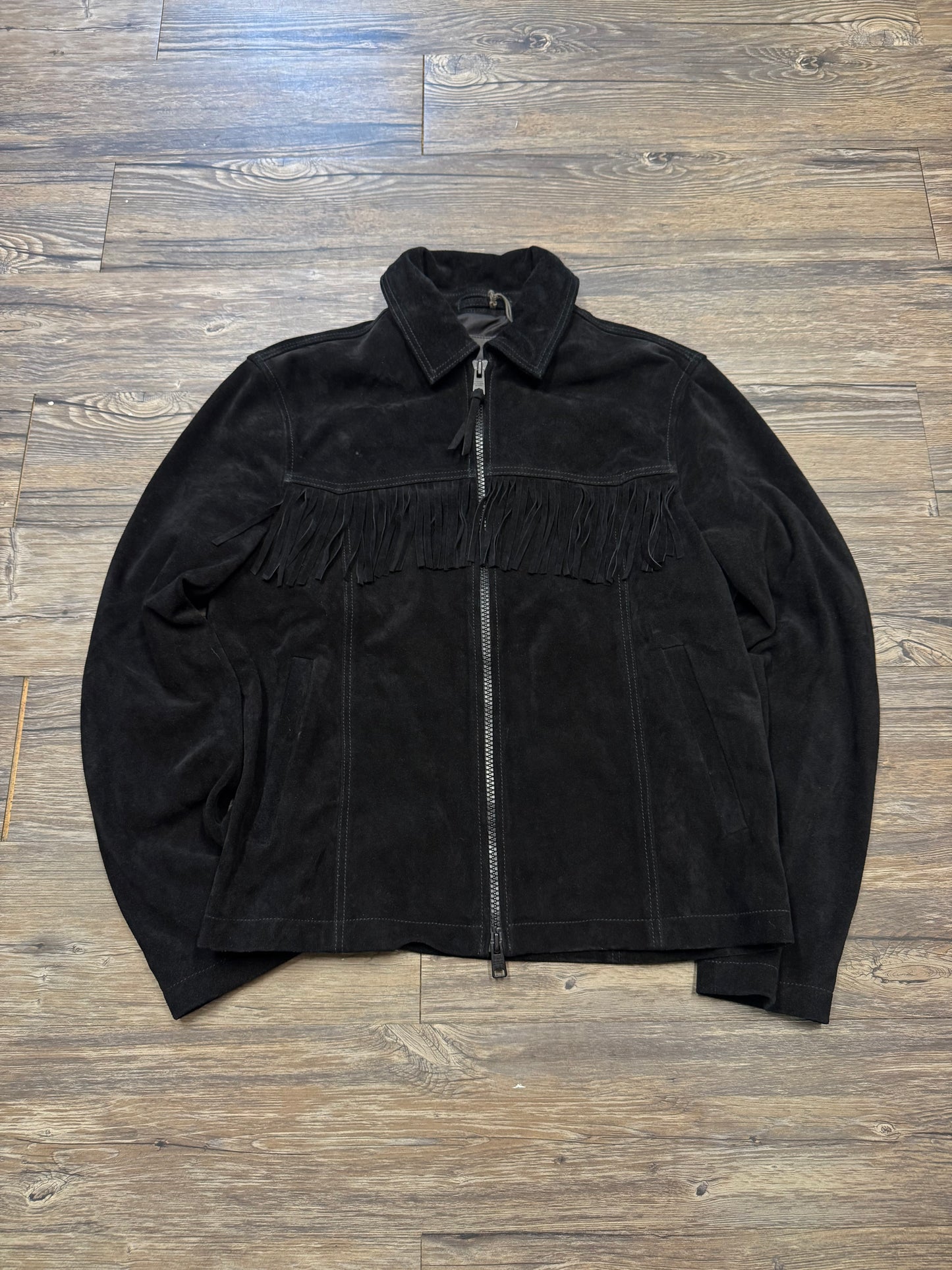 ALL SAINTS WARREN SUEDE FRINGE LEATHER JACKET (M)