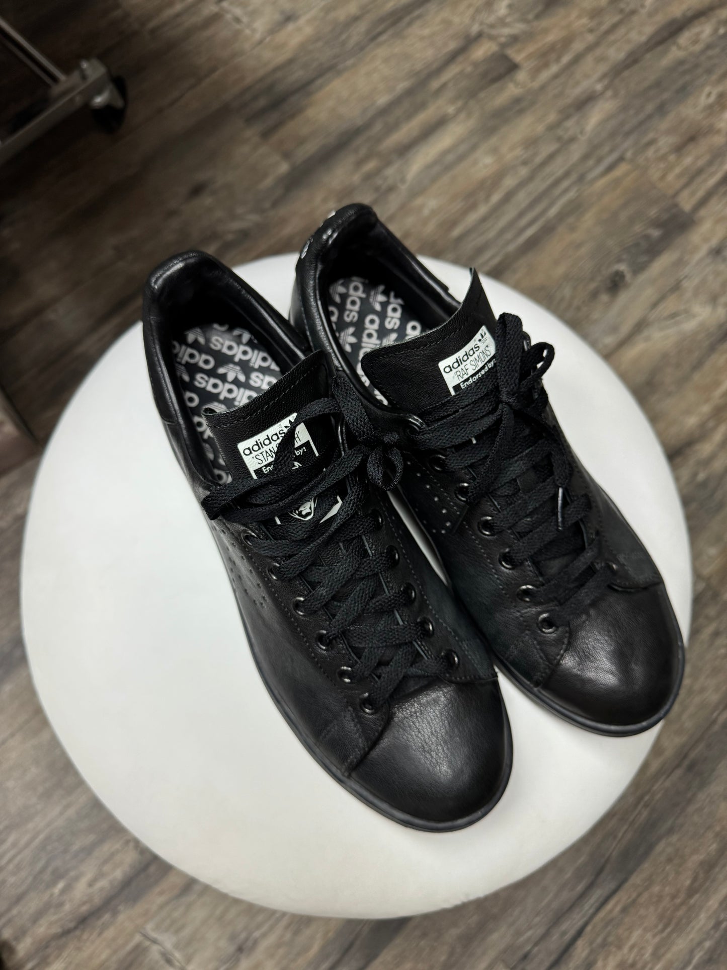RAF SIMONS X STANS SMITH LEATHER BLACK LOW TOP SNEAKERS (10.5)