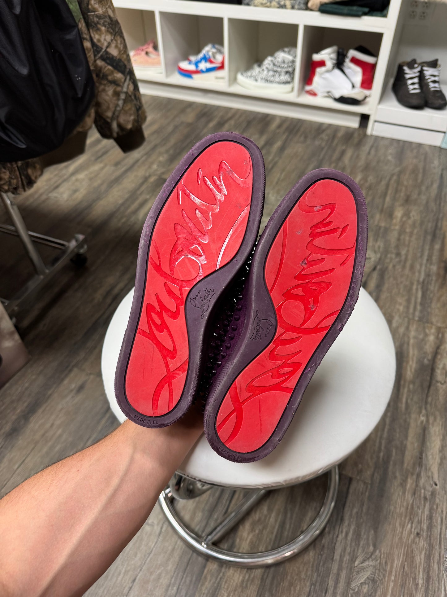 LOU BOUTIN RED BOTTOM ROLLER BOAT ‘MERLOT’ FLAT LOAFERS