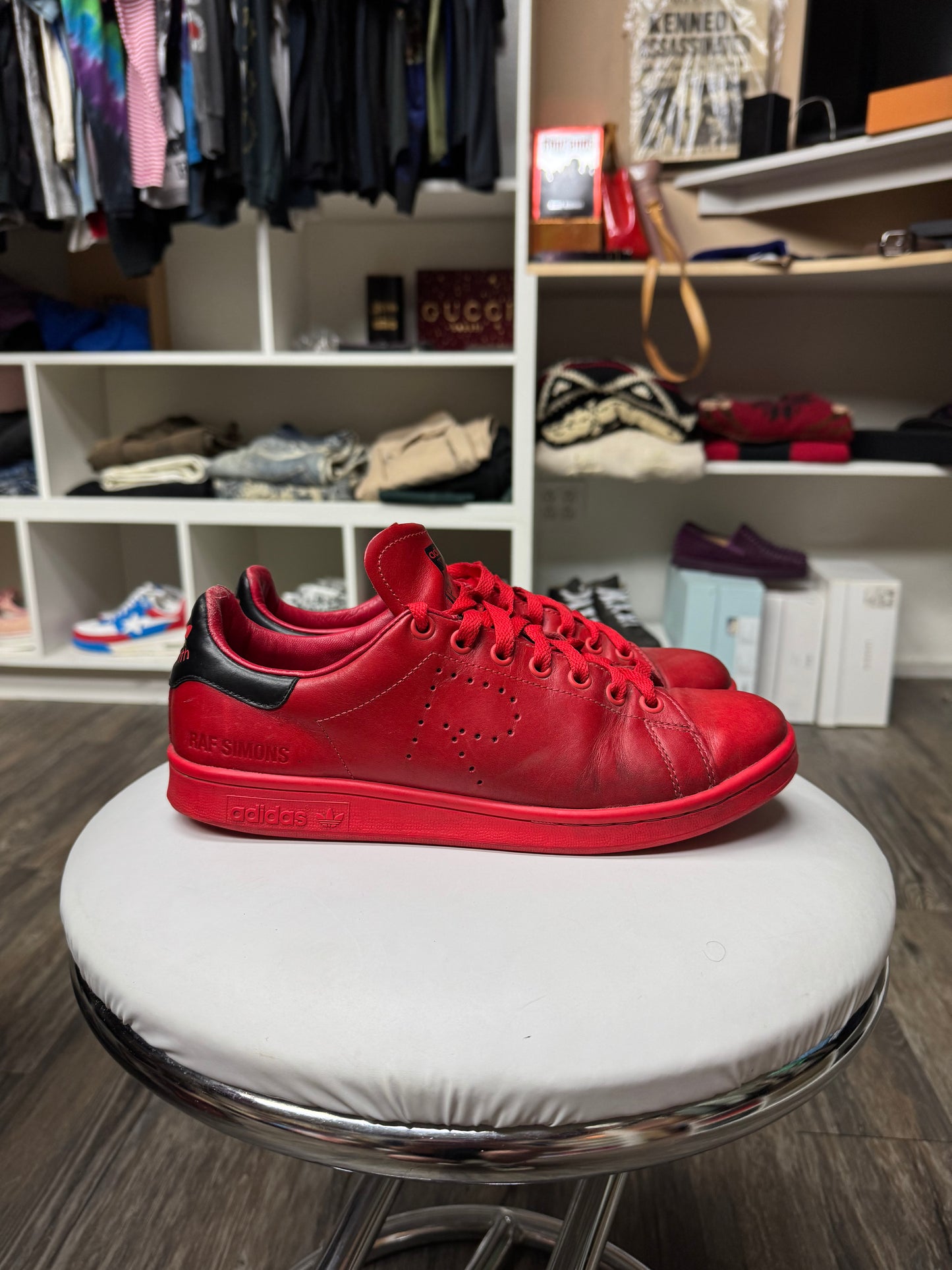 RAF SIMONS X STAN SMITHS SATIN RED LOW TOP SNEAKER (8.5)