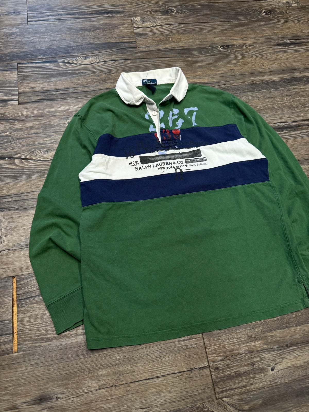 POLO RALPH LAUREN NYC STRIPED FOREST GREEN RUGBY SHIRT (S)