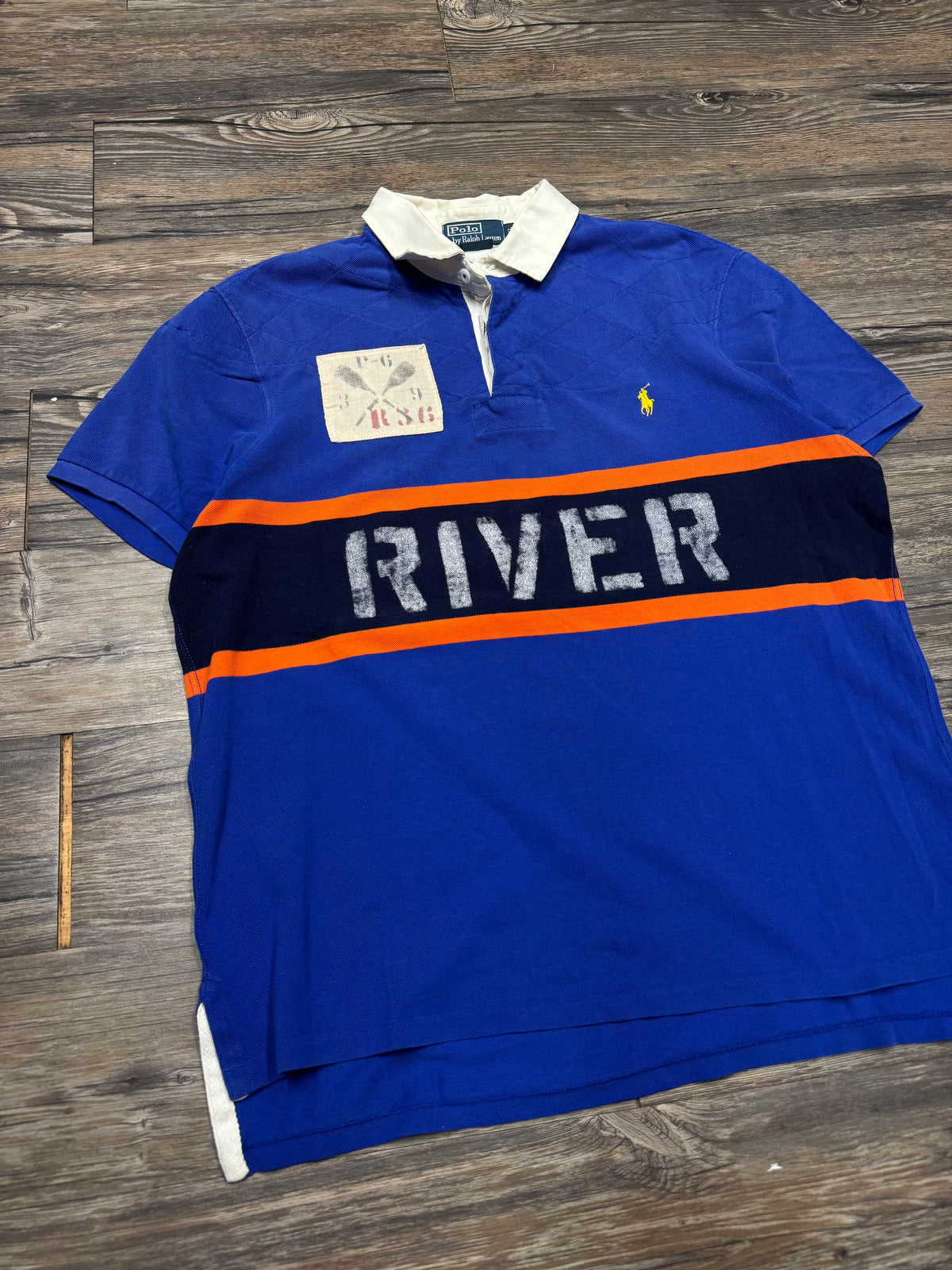 POLO RALPH LAUREN SMALL PONY RIVER RAFTING STRIPED ROYAL BLUE POLO SHIRT (XL)