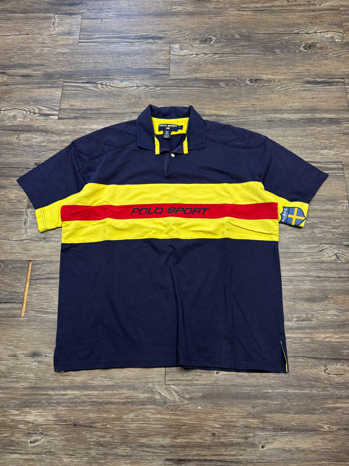 POLO RALPH LAUREN SPORT STRIPED NYLON HYBRID POLO SHIRT (L)