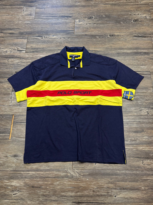 POLO RALPH LAUREN SPORT STRIPED NYLON HYBRID POLO SHIRT (L)